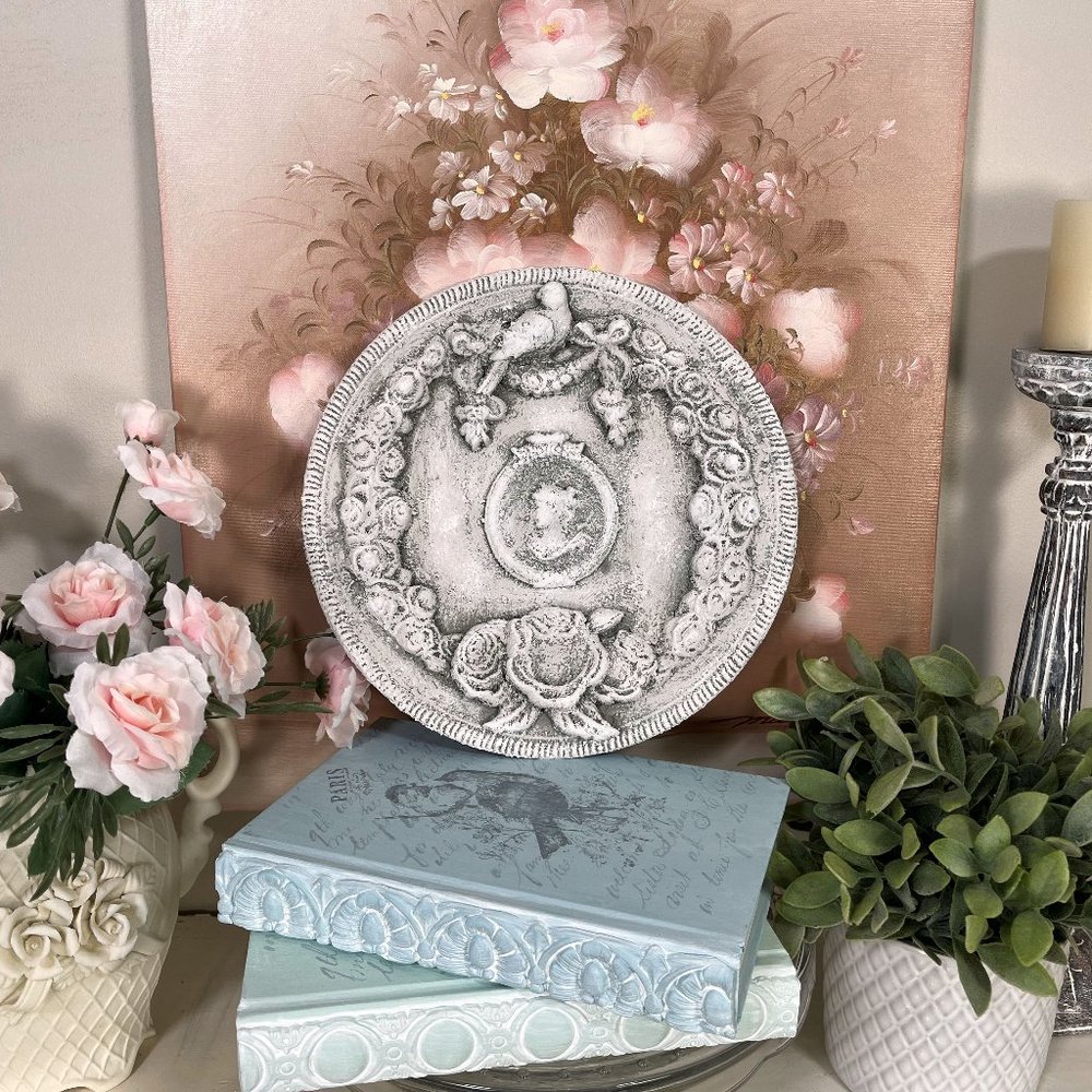French Country Cottage Cameo Plaque Sign Picture Plate Platter Tray Old World